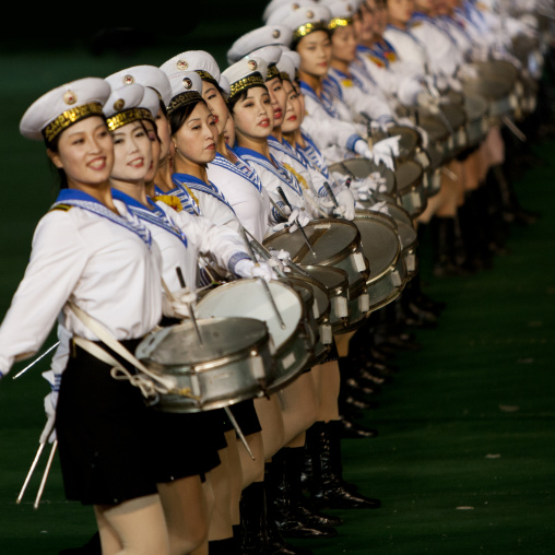 Sexy North Korean women dressed as sailors during the Arirang mass games in may day stadium, Pyongan Province, Pyongyang, North Korea