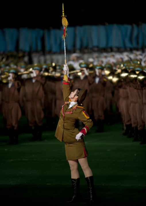 Sexy North Korean women dressed as soldiers dancing with swords during the Arirang mass games in may day stadium, Pyongan Province, Pyongyang, North Korea
