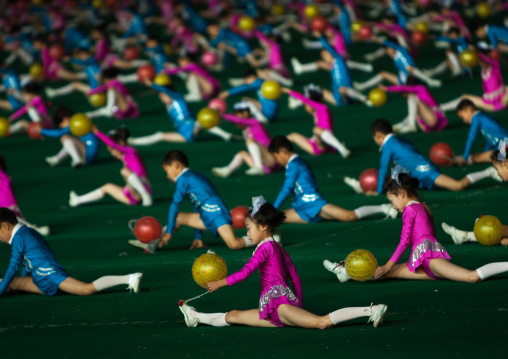 North Korean children gymasts performing with balloons during the Arirang mass games in may day stadium, Pyongan Province, Pyongyang, North Korea