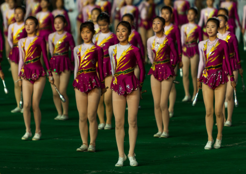 North Korean gymnasts performing during the Arirang mass games in may day stadium, Pyongan Province, Pyongyang, North Korea