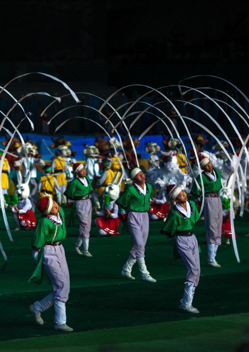 North Korean pungmul performers during the Arirang mass games in may day stadium, Pyongan Province, Pyongyang, North Korea