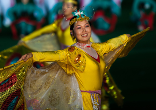 North Korean dancer with butterfly wings during Arirang mass games in may day stadium, Pyongan Province, Pyongyang, North Korea