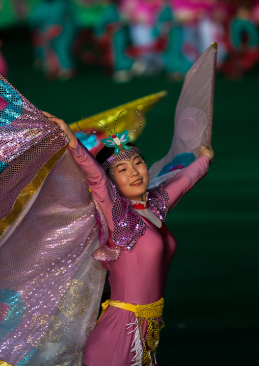 North Korean dancer with butterfly wings during Arirang mass games in may day stadium, Pyongan Province, Pyongyang, North Korea