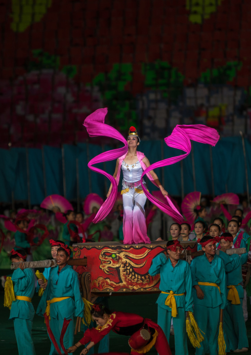 North Korean women dancing with ribbons during the Arirang mass games in may day stadium, Pyongan Province, Pyongyang, North Korea