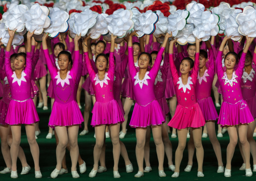 North Korean gymnasts performing during the Arirang mass games in may day stadium, Pyongan Province, Pyongyang, North Korea