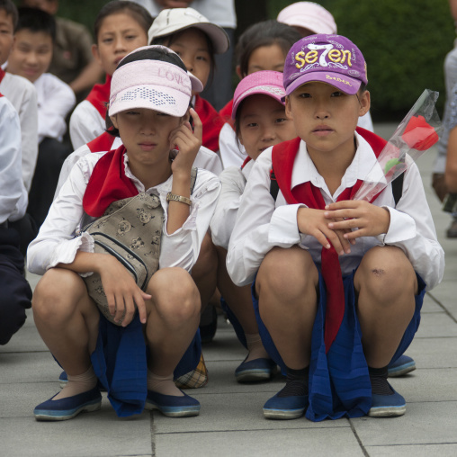North Korean pioneers girls in the street, Pyongan Province, Pyongyang, North Korea