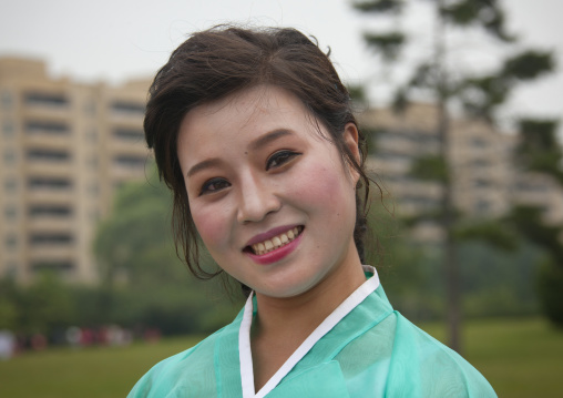 Portrait of a smiling North Korean woman, Pyongan Province, Pyongyang, North Korea