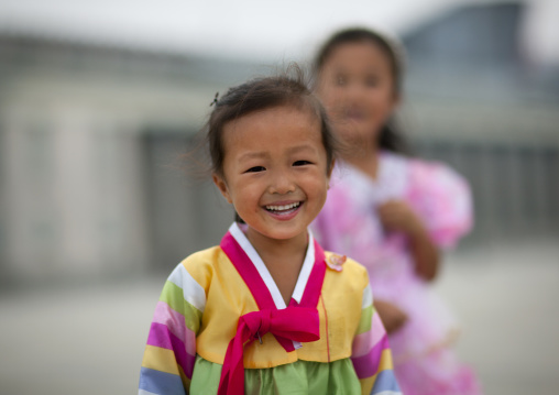 North Korean girls in traditional choson-ot, Pyongan Province, Pyongyang, North Korea