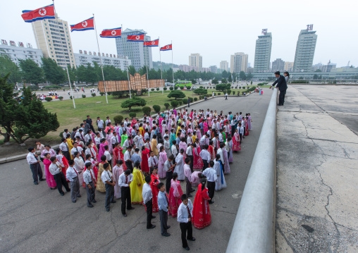 North Korean students before a mass dance performance on september 9 day of the foundation of the republic, Pyongan Province, Pyongyang, North Korea
