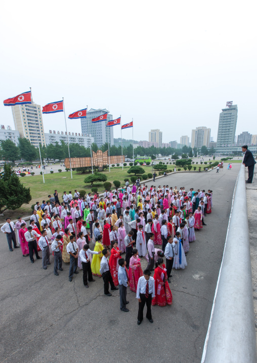 North Korean students before a mass dance performance on september 9 day of the foundation of the republic, Pyongan Province, Pyongyang, North Korea