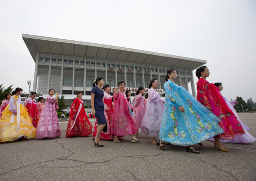 North Korean students during a mass dance performance on september 9 day of the foundation of the republic, Pyongan Province, Pyongyang, North Korea