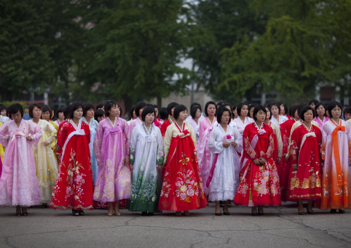 North Korean students during a mass dance performance on september 9 day of the foundation of the republic, Pyongan Province, Pyongyang, North Korea
