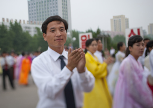 North Korean students during a mass dance performance on september 9 day of the foundation of the republic, Pyongan Province, Pyongyang, North Korea