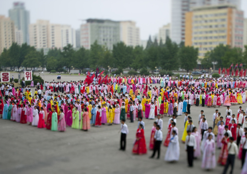 North Korean students before a mass dance performance on september 9 day of the foundation of the republic, Pyongan Province, Pyongyang, North Korea