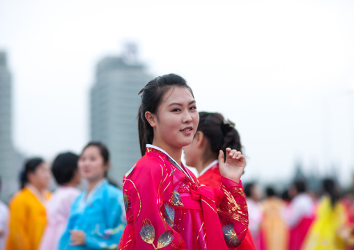 North Korean students during a mass dance performance on september 9 day of the foundation of the republic, Pyongan Province, Pyongyang, North Korea