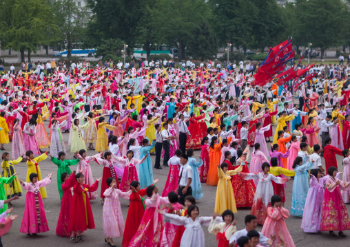 North Korean students during a mass dance performance on september 9 day of the foundation of the republic, Pyongan Province, Pyongyang, North Korea