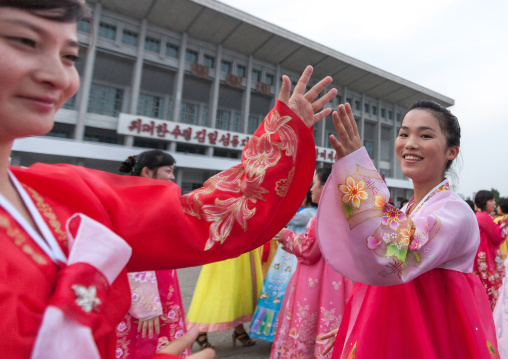 North Korean students during a mass dance performance on september 9 day of the foundation of the republic, Pyongan Province, Pyongyang, North Korea