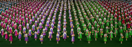 North Korean gymnasts performing during Arirang mass games in may day stadium, Pyongan Province, Pyongyang, North Korea