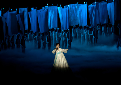 North Korean women dancing in choson-ot during the Arirang mass games in may day stadium, Pyongan Province, Pyongyang, North Korea