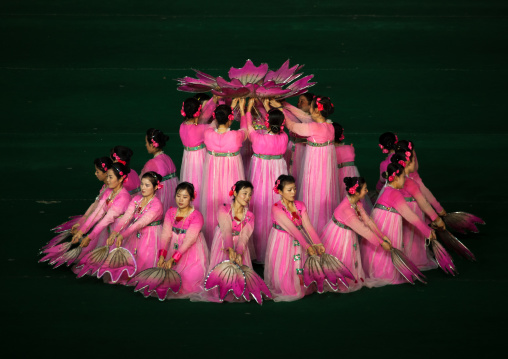 North Korean women dancing in choson-ot during the Arirang mass games in may day stadium, Pyongan Province, Pyongyang, North Korea