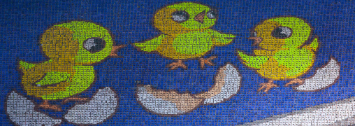 Chicks coming out of eggs made by children pixels holding up colored boards during Arirang mass games in may day stadium, Pyongan Province, Pyongyang, North Korea