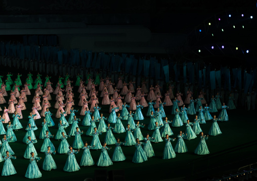 North Korean women dancing in choson-ot during the Arirang mass games in may day stadium, Pyongan Province, Pyongyang, North Korea