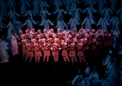 North Korean women dressed as soldiers during the Arirang games in may day stadium, Pyongan Province, Pyongyang, North Korea