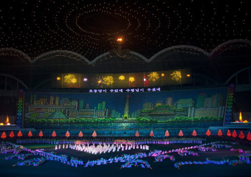 Panoramic view of the Arirang mass games with North Korean performers in front of Pyongyang view fresco in may day stadium, Pyongan Province, Pyongyang, North Korea
