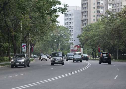 Cars on a busy road in the city center, Pyongan Province, Pyongyang, North Korea
