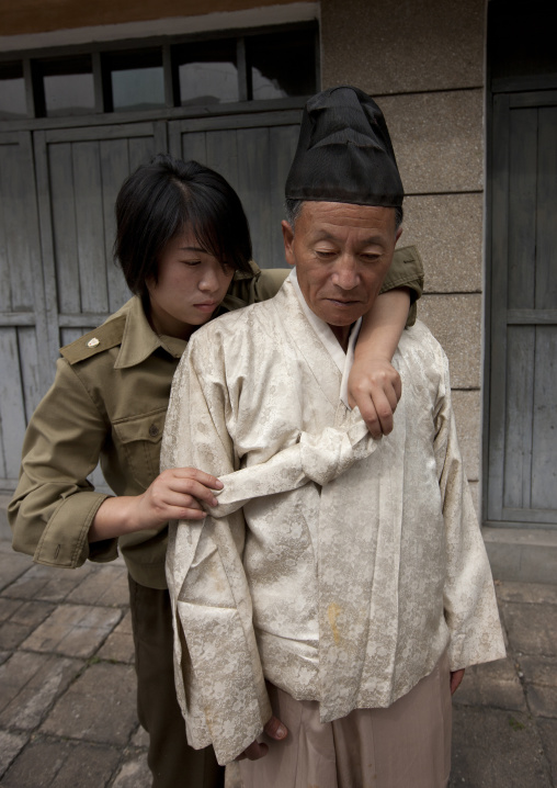 Old actor make-up during a movie shooting in Pyongyang film studios, Pyongan Province, Pyongyang, North Korea