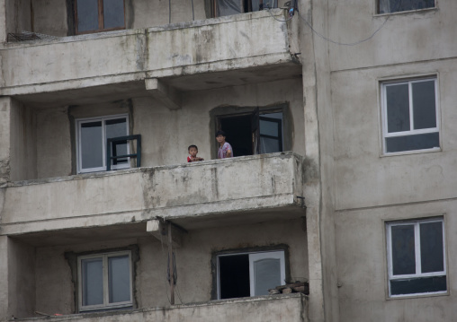 North Korean people on the balcony of an apartement, North Hwanghae Province, Kaesong, North Korea
