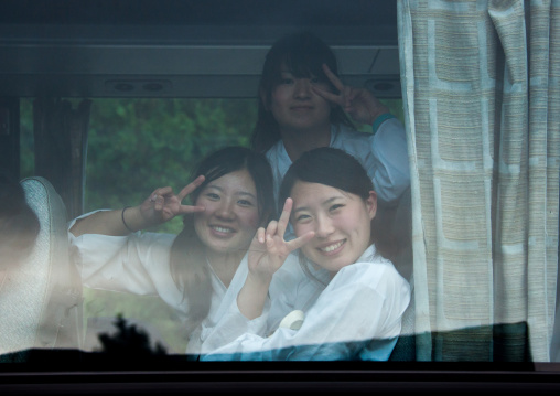 Japanese tourists women in a bus originated from North Korea during a touristic visit, Pyongan Province, Pyongyang, North Korea