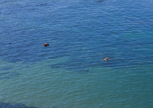 High angle view of norh Korean people having a swim in the sea, Kangwon Province, Wonsan, North Korea
