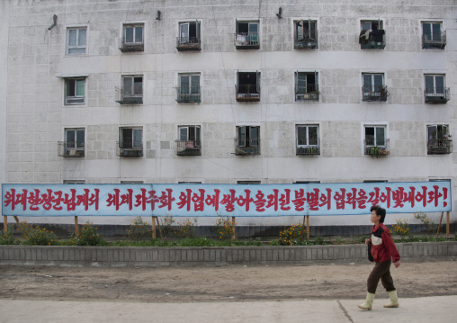 North Korean woman walking in the street in front of a propaganda billboard, Kangwon-do, Kumgang, North Korea