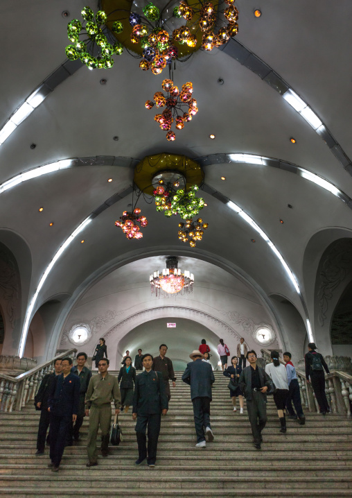 North Korean people in metro station, Pyongan Province, Pyongyang, North Korea