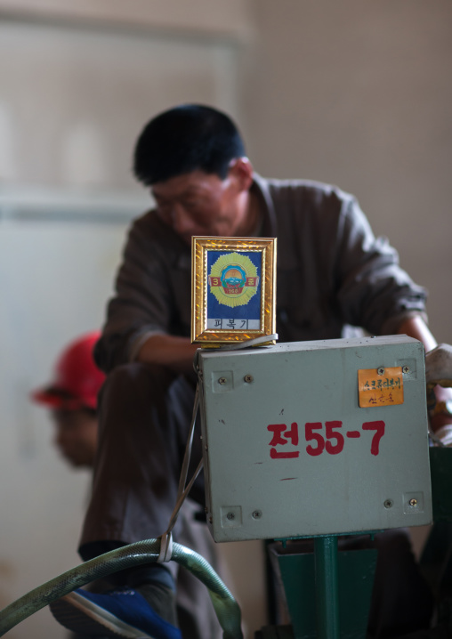 North Korean worker in an awarded steel factory, South Pyongan Province, Nampo, North Korea
