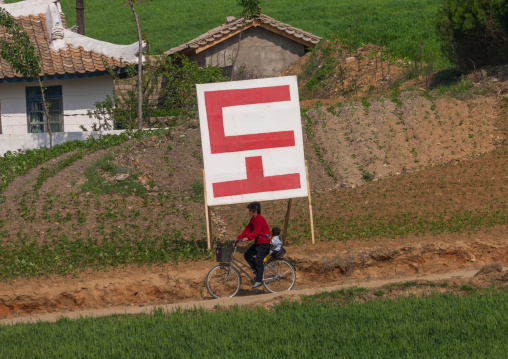 North Korean woman passing in front of a propaganda billboard, Pyongan Province, Pyongyang, North Korea