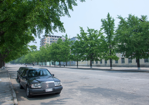 Mercedes car parked along an empty road, North Hwanghae Province, Kaesong, North Korea