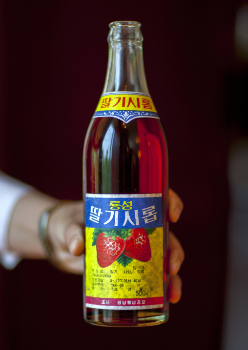 Bottle of North Korean strawberry juice, North Hwanghae Province, Kaesong, North Korea