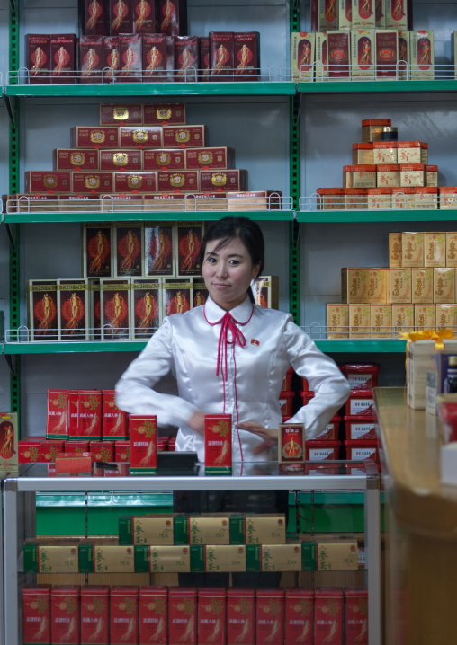 North Korean woman saleswoman in a ginseng shop, North Hwanghae Province, Kaesong, North Korea