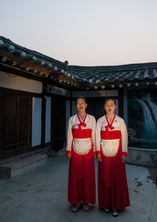 North Korean waitresses in choson-ot in a restaurant, North Hwanghae Province, Kaesong, North Korea