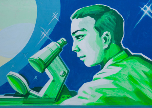 North Korean propaganda poster depicting a scientist with a stethoscope, Pyongan Province, Pyongyang, North Korea
