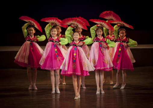 North Korean girls dancing during a show in the Mangyongdae children's palace, Pyongan Province, Pyongyang, North Korea