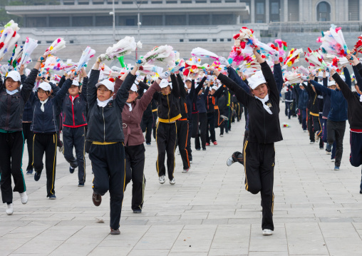 Young North Korean women during a mass games rehearsal in Kim il Sung square, Pyongan Province, Pyongyang, North Korea