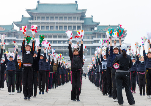 Young North Korean women during a mass games rehearsal in Kim il Sung square, Pyongan Province, Pyongyang, North Korea