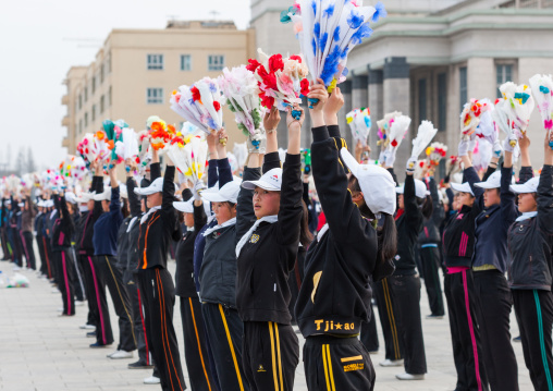 Young North Korean women during a mass games rehearsal in Kim il Sung square, Pyongan Province, Pyongyang, North Korea