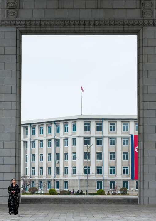 North Korean woman below the arch of triumph, Pyongan Province, Pyongyang, North Korea