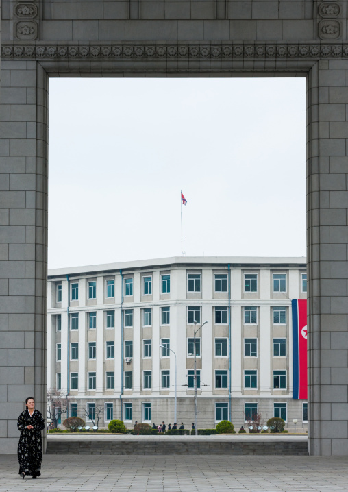 North Korean woman below the arch of triumph, Pyongan Province, Pyongyang, North Korea