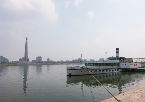 Ship restaurant on Taedong river in front of the Juche tower, Pyongan Province, Pyongyang, North Korea