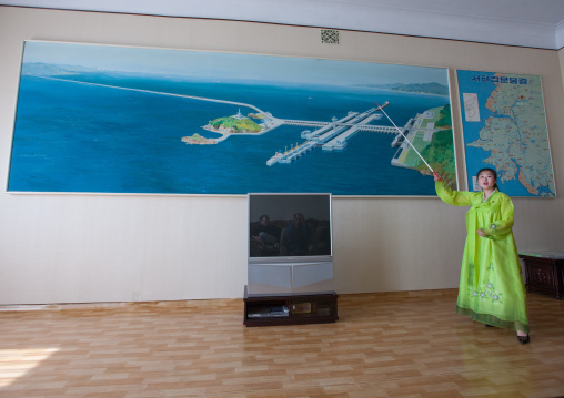 North Korean guide showing a map of the west sea barrage which separates the Taedong river and the west sea, South Pyongan Province, Nampo, North Korea